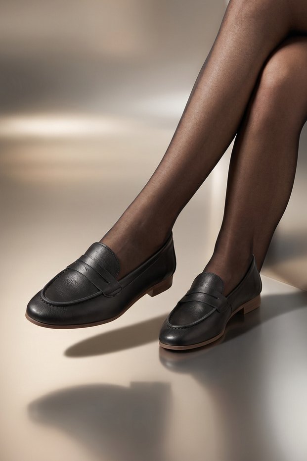 Black Genuine Leather Loafer Shoes Women's Ballet Flats Raga