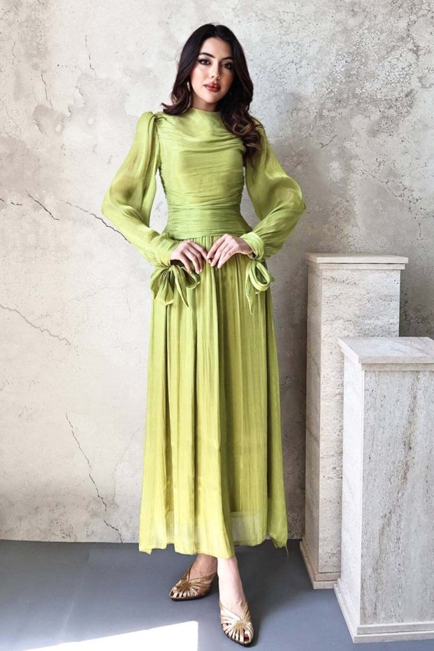 Women's Oil Green Long Gathered Cuffed Belted Pleated Lined Event Dress