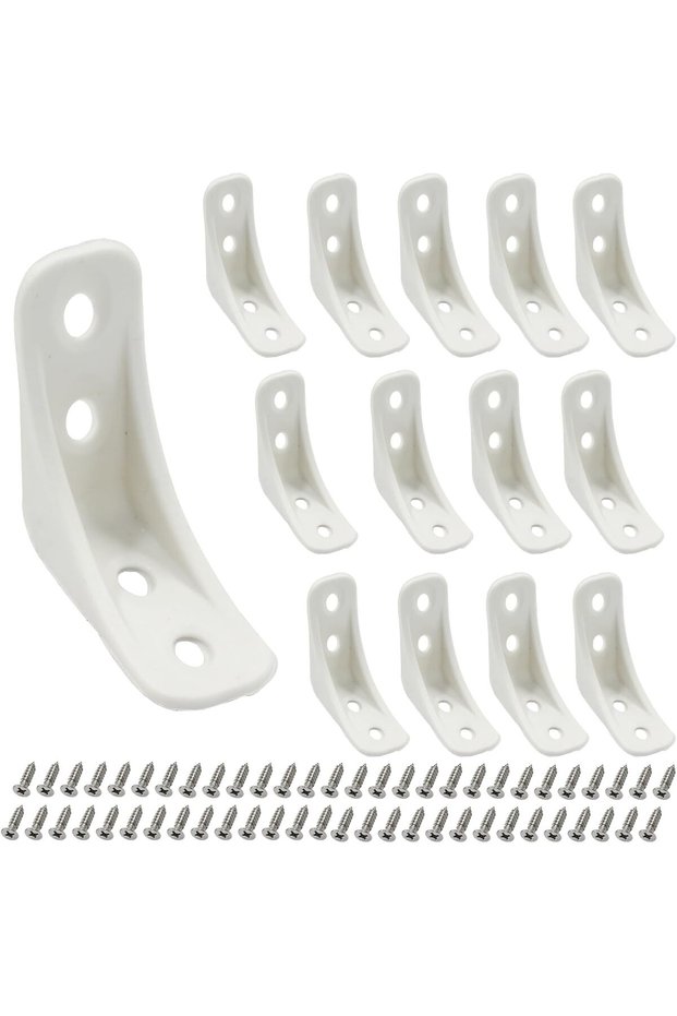 30-piece plastic bracket set, 4-hole L-shaped right-angle bracket, for furniture repair (wood, shelves, cabinets), white, with screws.