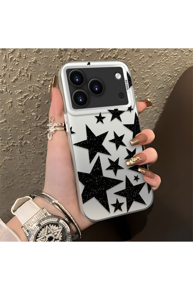 حافظة هاتف من السيليكون الرائع متوافقة مع iPhone 17 Pro، ذات جودة عالية وطباعة مسطحة بنمط نجمة سوداء.