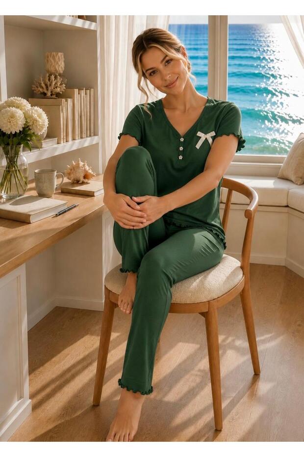 Khaki Ring Viscose Short Sleeve Pajama Set
