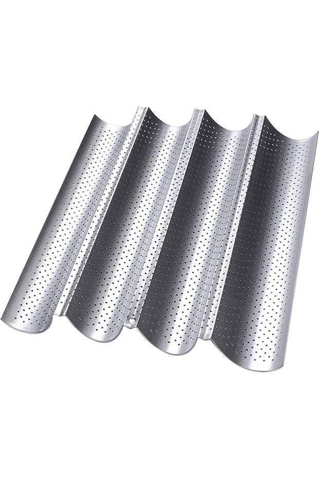 Silver Non-Stick Baguette Baking Pan (38x33x2cm, Bakes 4 Loaves), High-Quality Stainless Steel French Bread Baking Tray