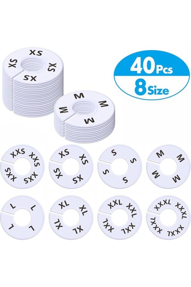 Clothing Size Dividers - Wardrobe Divider Hangers - Organize Clothes - Pre-printed 8 Sizes - 40 pieces - White