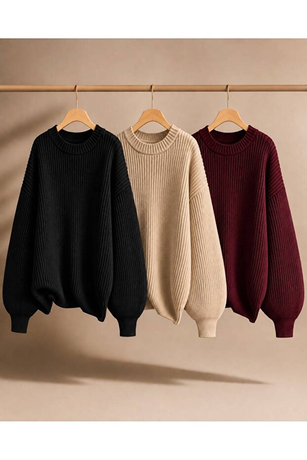 3-Piece Women's Winter Oversize Knitwear Sweater with Crew Neck and Thick Texture