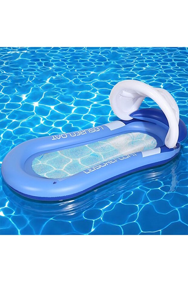 Water Hammock Inflatable Pool Float Lounge Chair Vacation Float with Awning for Summer Parties Beaches Water Activities 160*90 cm Blue
