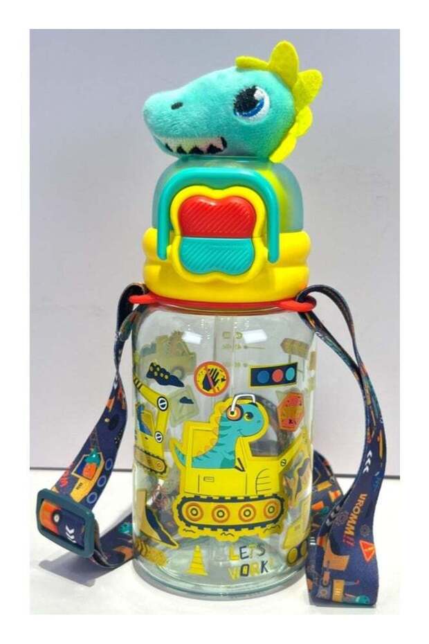 600ML Dinosaur Engineering Vehicle Kids Water Bottle For School, Sippy Cup with Straw, Dual Drink Design with Free Magnetic Plush Toy Brooch