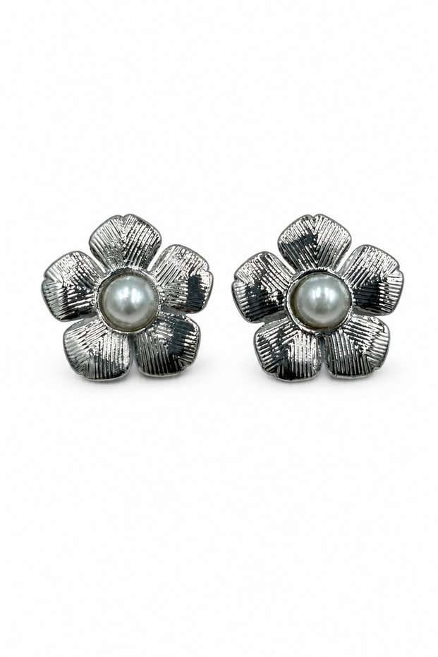 Stylish Women's Bijouterie Earrings with Flower Motif and Pearl Detail