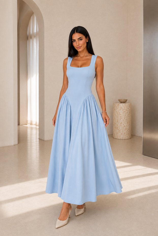 Women's Blue Square Neck Low Waist Gathered Long Dress