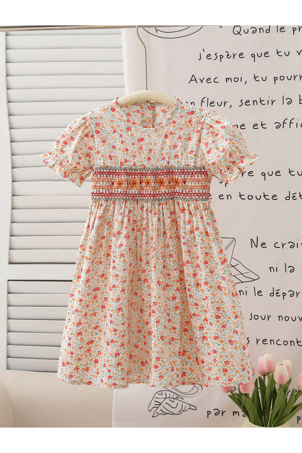 Girls Floral Print Smocked A-Line Dress
