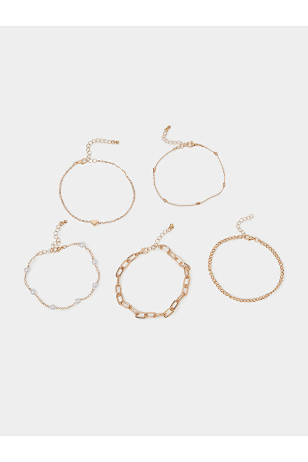 Pack of 5 - Gold Tone Heart and Pearls Embellished Anklet