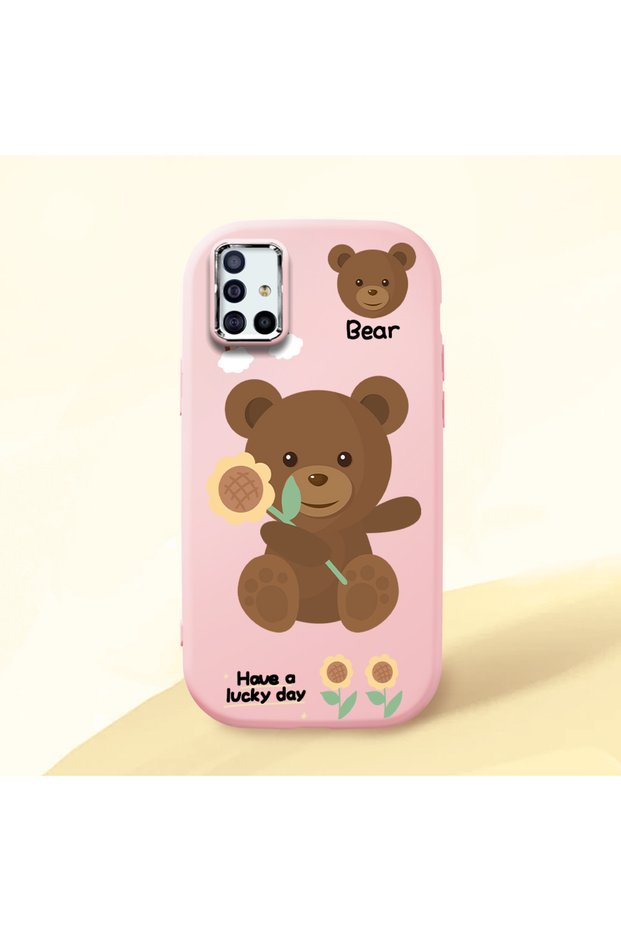 Samsung Galaxy A51 Compatible Case Camera Protector Pink Silicone Couple Phone Case with Bear Pattern