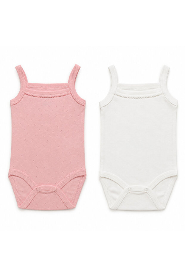 Baby Girl 2-Piece Crochet Bodysuit Set with Rope Straps, 100% Cotton, Openwork Rib and Plain Rib