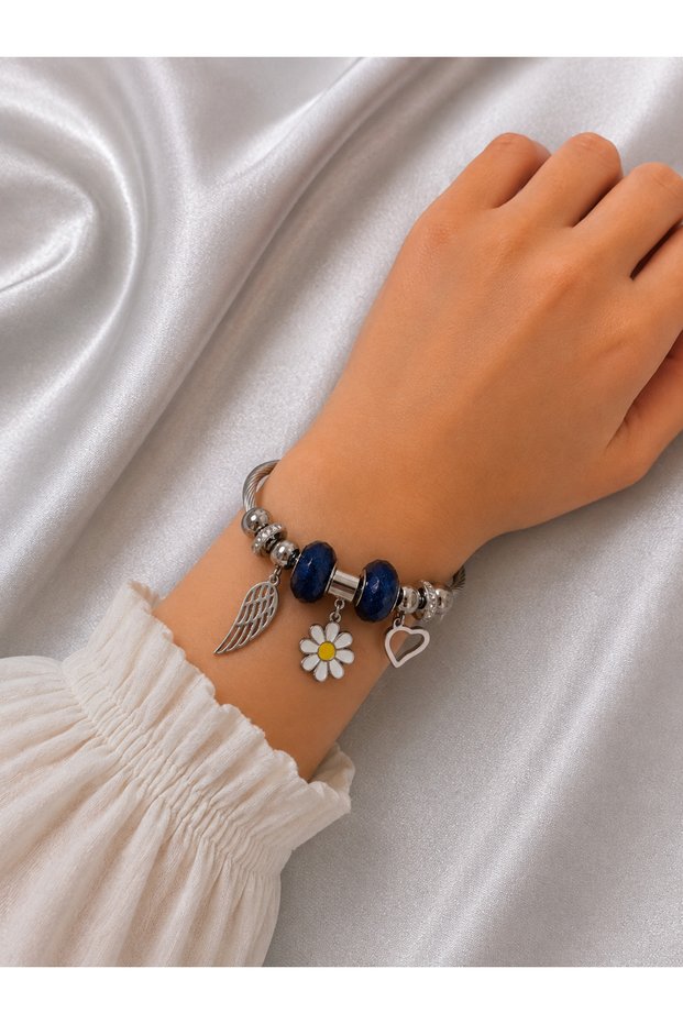 Women's Blue Stone Daisy and Wing Charm Detailed Steel Bracelet – Silver Color