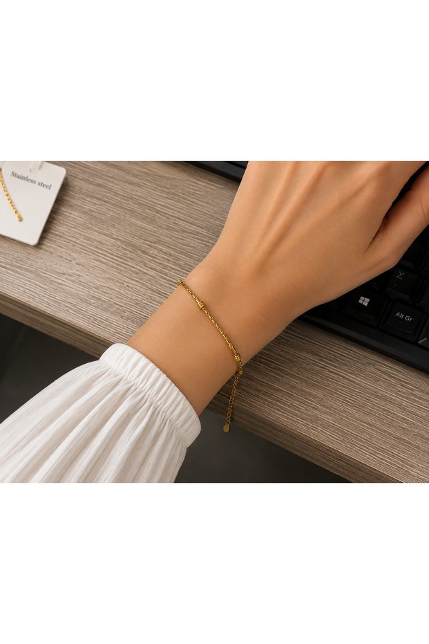 Gold Color Geometric Detailed Chain Women's Steel Bracelet – Adjustable
