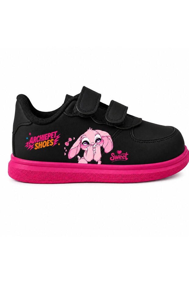 Cute Pink Rabbit Printed Black and Pink Sole Band Children's Sports Shoes Sneaker