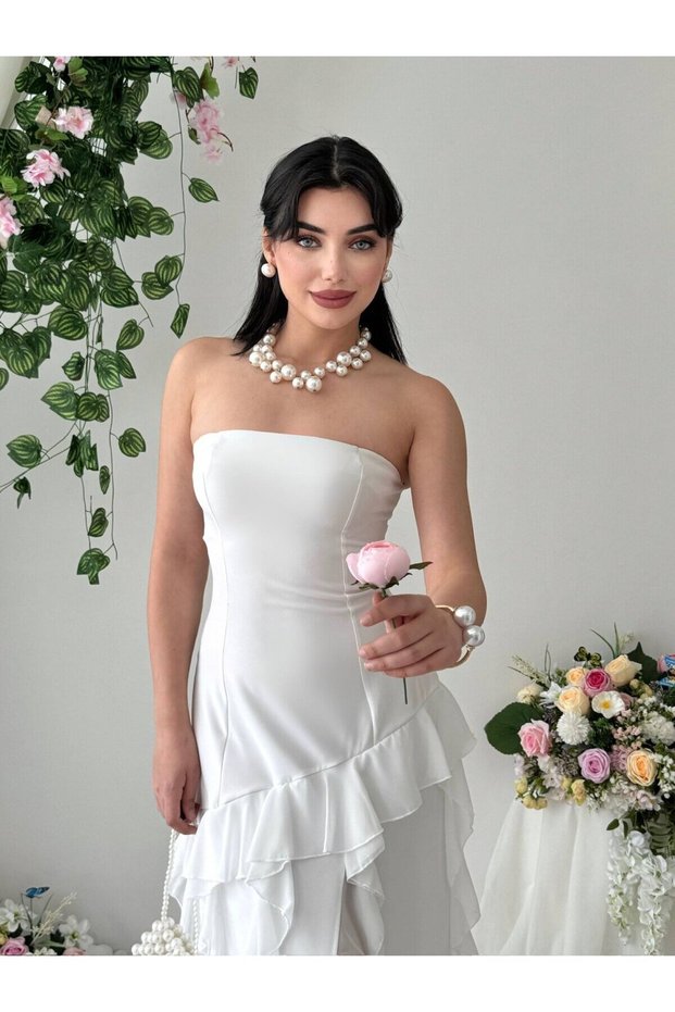 Women's Ecru Strapless Collar Flounce Slit Detailed Long Evening Dress