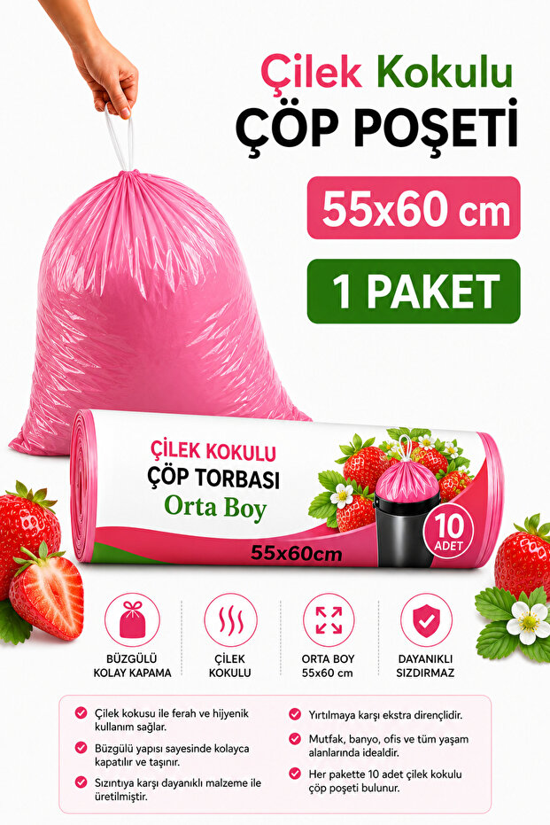 Medium Size 55X60 Strawberry Scented Drawstring Garbage Bag 10 Pieces (1 Pack) Garbage Bag 40 Liters