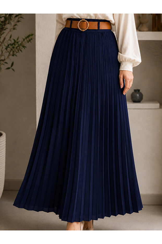 Women's Side Zippered Belted Pleated Imported Crepe Long Skirt