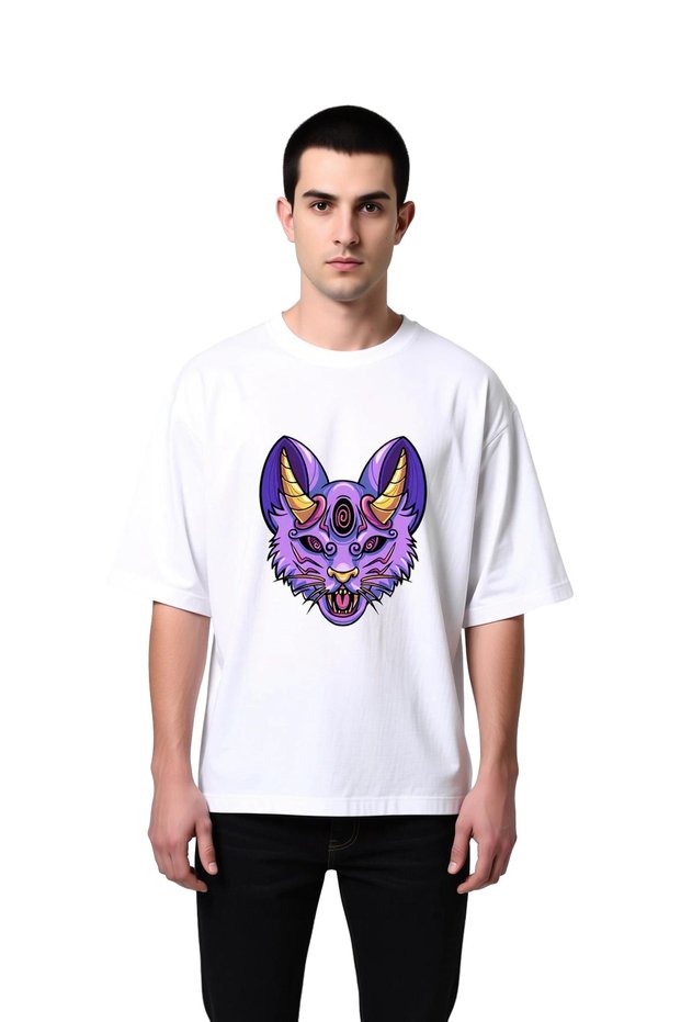 Men's Oversize T-Shirt Fantastic Cat Golden Horns Spiral Eye Printed Relaxed Fit Casual Modern