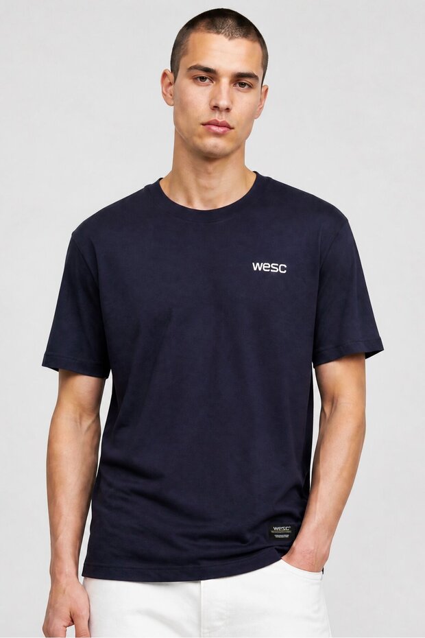 Men Crew Neck Short Sleeve Brand Logo T-Shirt, Navy Blue