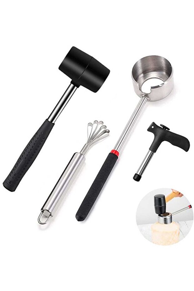 Coconut shelling kit with hammer and shredder, suitable for picnics, silver.
