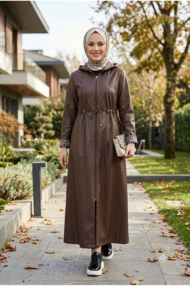 Women's Zippered Hooded Brown Leather Cap with Inner Lining