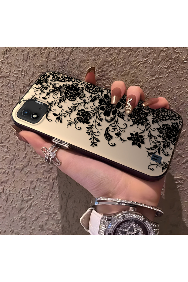 Realme C20/C20A Compatible Elegant Black Lace Flower Pattern Case, High Quality Matte Phone Case