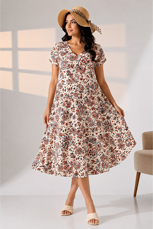 Summer Plus Size Viscose V-Neck Short Sleeve Dress 2688