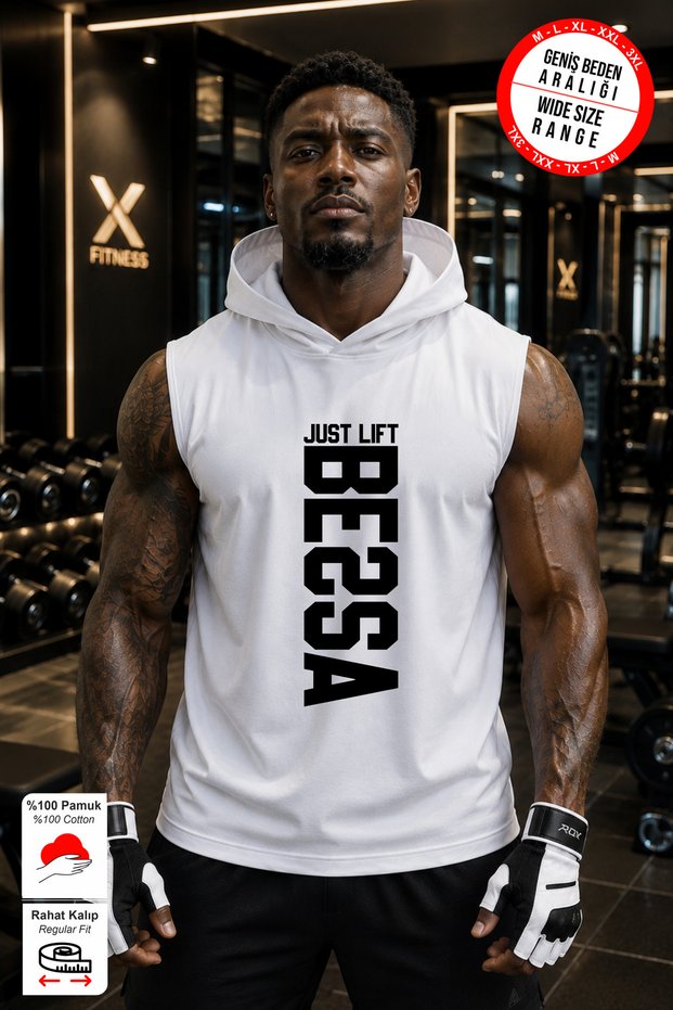 White Just Lift Black Printed Standard Fit Hooded Sports Athlete Cotton Fabric Sleeveless Men's Athlete Tshirt