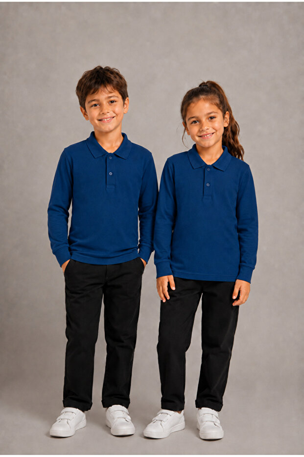 Unisex Kids' Gray Melange Long Sleeve Polo Collar Plain Basic T-Shirt - Comfortable Cotton Fabric Suitable for Daily and School Use