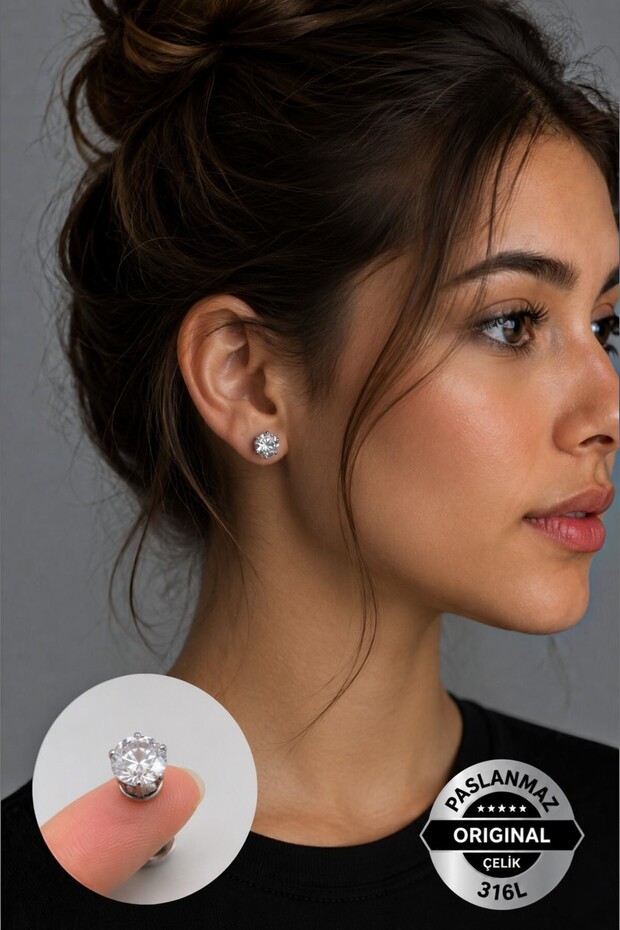 Non-Perforated Magnet Crystal Stone Men's Women's Unisex 316 L Steel Earrings 2 Pieces