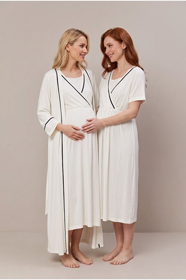 Women's Ecru Double-Breasted Collar Maternity Nightgown Set with Nursing Detail and Dressing Gown