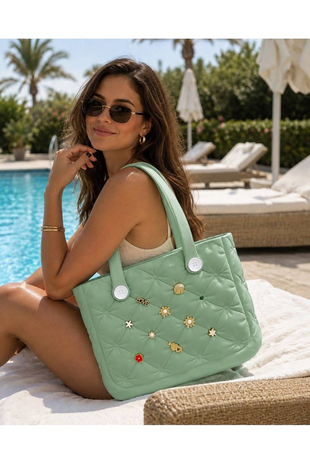 Women's Quilted Pattern Eva Material Water Resistant Large Tote Bag with Decorative Accessories