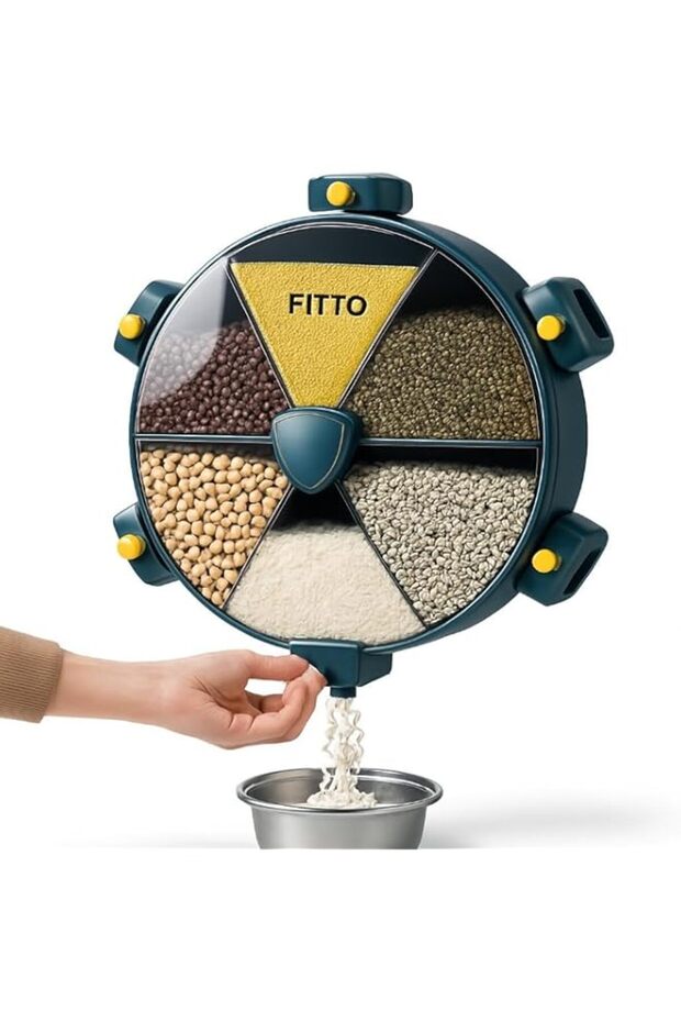 Wall-Mounted Rotatable Grain Dispenser, 6 Compartment Sealed Cereal Container, Space-Saving Dry Food Storage for Kitchen, Blue