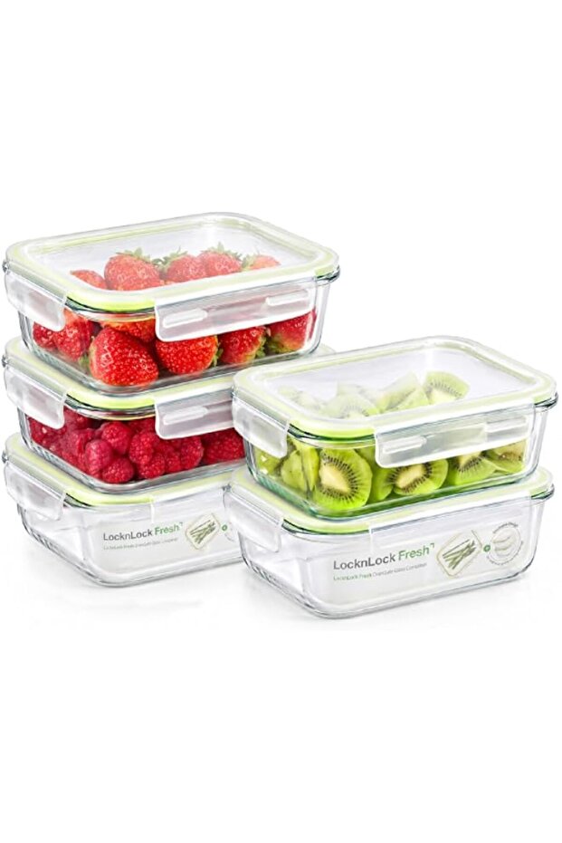 Fresh Oven-Safe Glass Rectangular Food Container 5-Piece Set (1040ml) – Airtight Leakproof Lids, Microwave, Oven, Air Fryer and Freezer Safe, Stackable Glass Meal Prep Containers