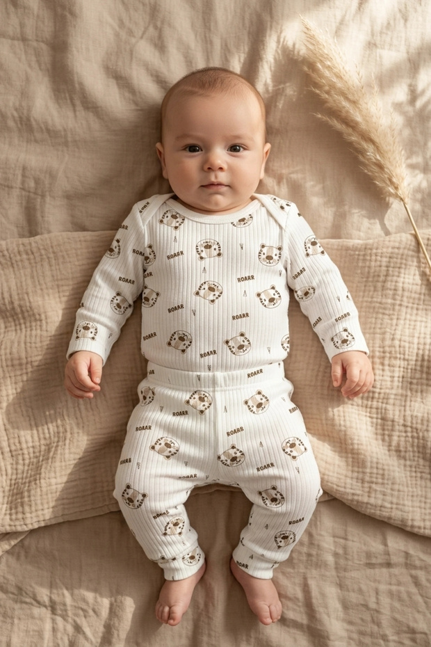 Roar 100% Cotton Ribbed Baby Boy Set - Ecru Long Sleeve Bodysuit and Pants Set
