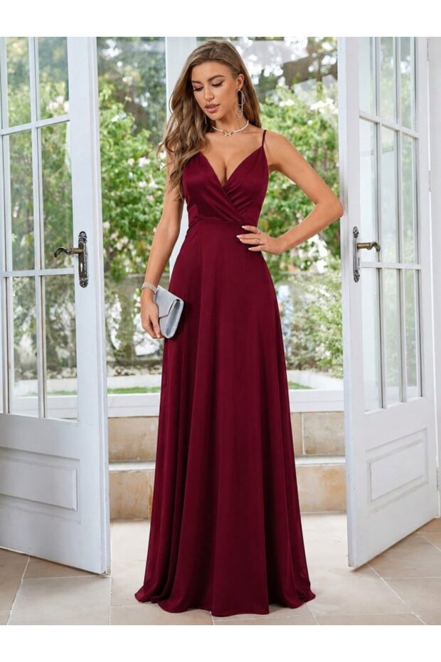 Women's Rope Strap Double Breasted Collared Slit Long Satin Dress