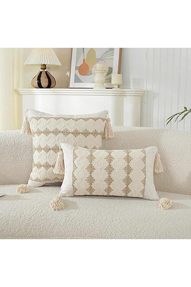 4 Pack Lumbar Decorative Throw Pillow Covers, Boho Farmhouse Decor with Tassels, Retro Rusti