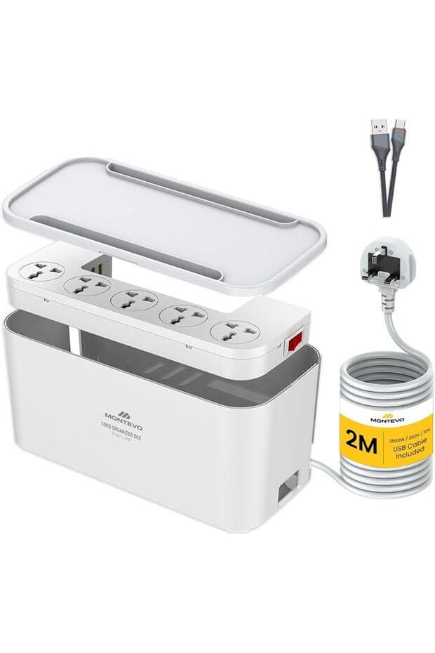 صندوق منظم لأسلاك الطاقة بخمسة مخارج مع شحن لاسلكي، 5 منافذ عالمية، ومنفذ USB-C PD3.0