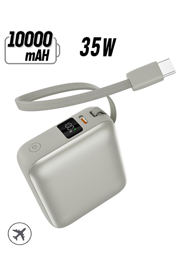 بنك طاقة صغير بسعة 10000 مللي أمبير، شحن سريع بقوة 35 واط بتقنية PD، كابل USB-C مدمج، شاشة LED رقمية