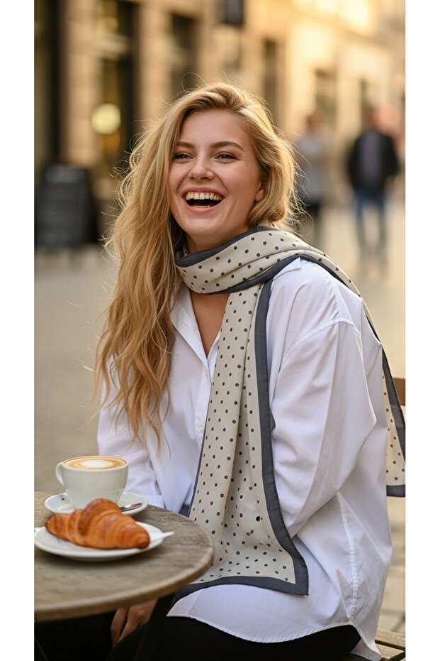 Ecru Navy Blue Polka Dot Women's Shawl Spotted Minimal Pattern Daily Shawl