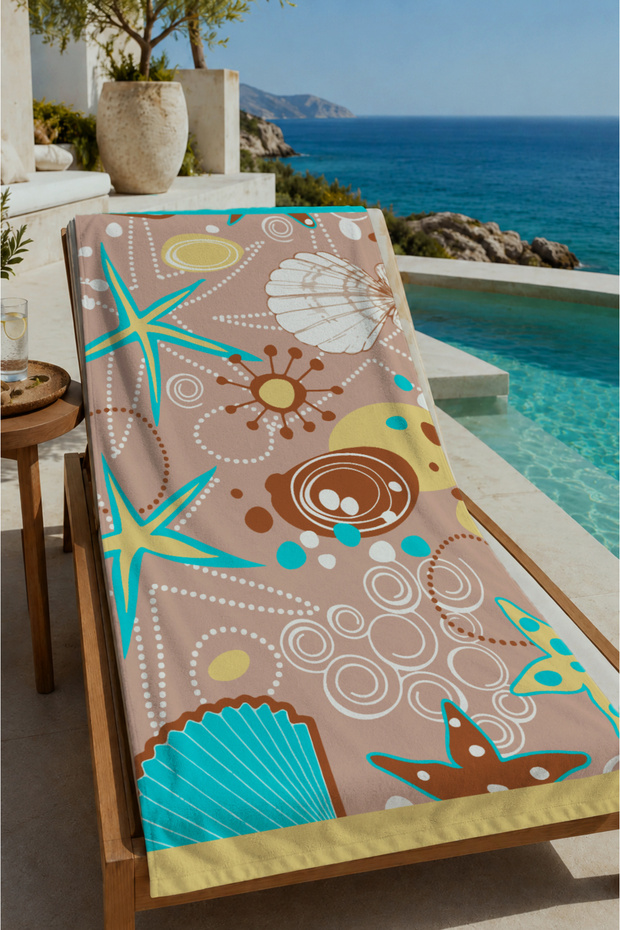 Beige Seashell and Summer Motifs Patterned 70X150 Beach Towel - Digital Printed Fade-Resistant Bath Towel