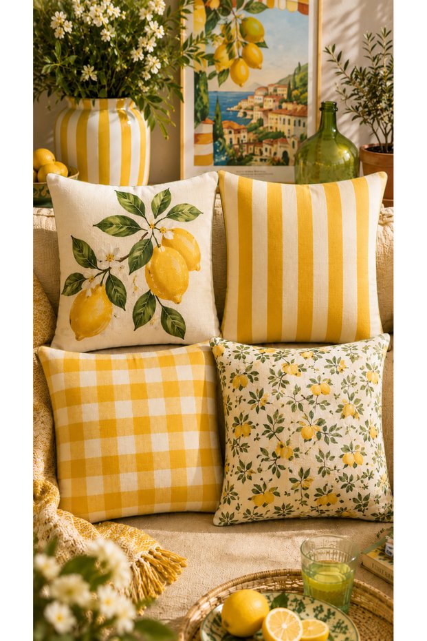 Lemon Patterned 4-Piece Throw Pillow Cover 43X43 cm Suede Fabric Yellow Plaid Striped Decorative Pillowcase (Double-Sided Printed)