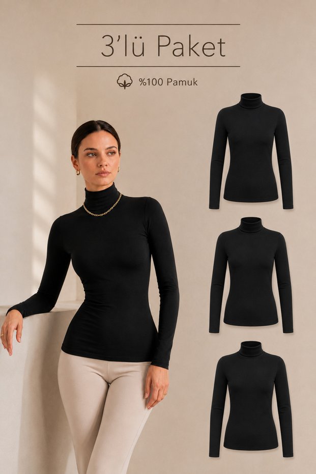 Women's 3-Piece Turtleneck Long Sleeve Cotton Bodysuit