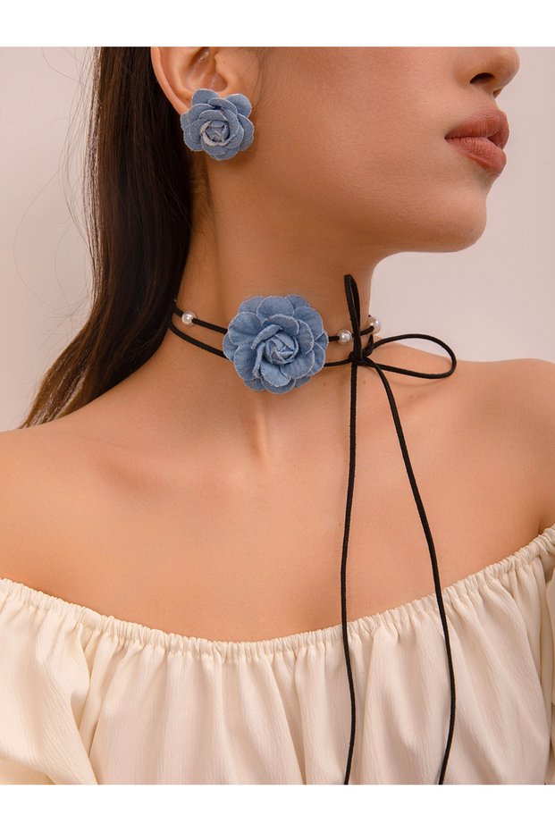 Pack of 3 - Blue Denim Floral Chocker Necklace and Earrings