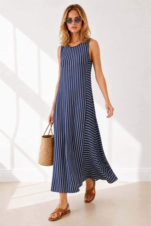 Women's Indigo Striped Long Loose Dress Elb-19001075