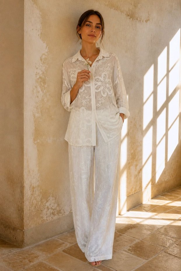 Women's Mink Floral Embroidered Embossed 2-Piece Set Shirt and Pants