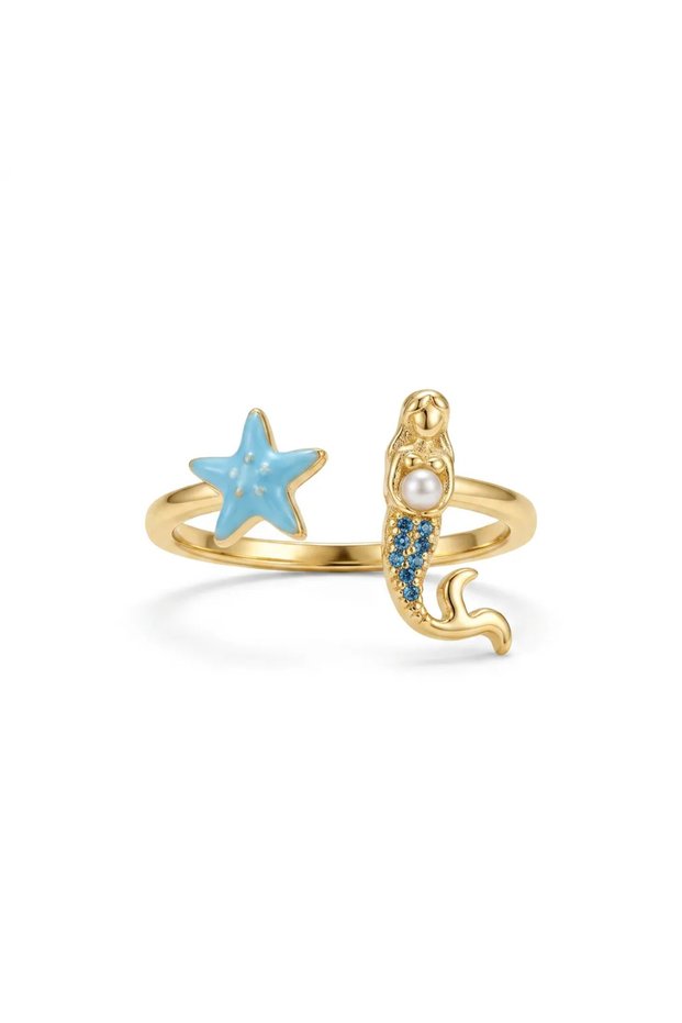 Seahorse and Starfish Detailed Pearl and Blue Stone Adjustable Women's Ring