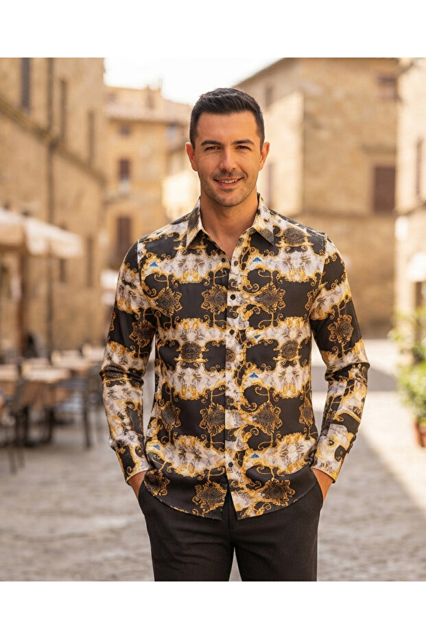 Long Sleeve Patterned Cotton Fabric Regular Fit Men's Shirt