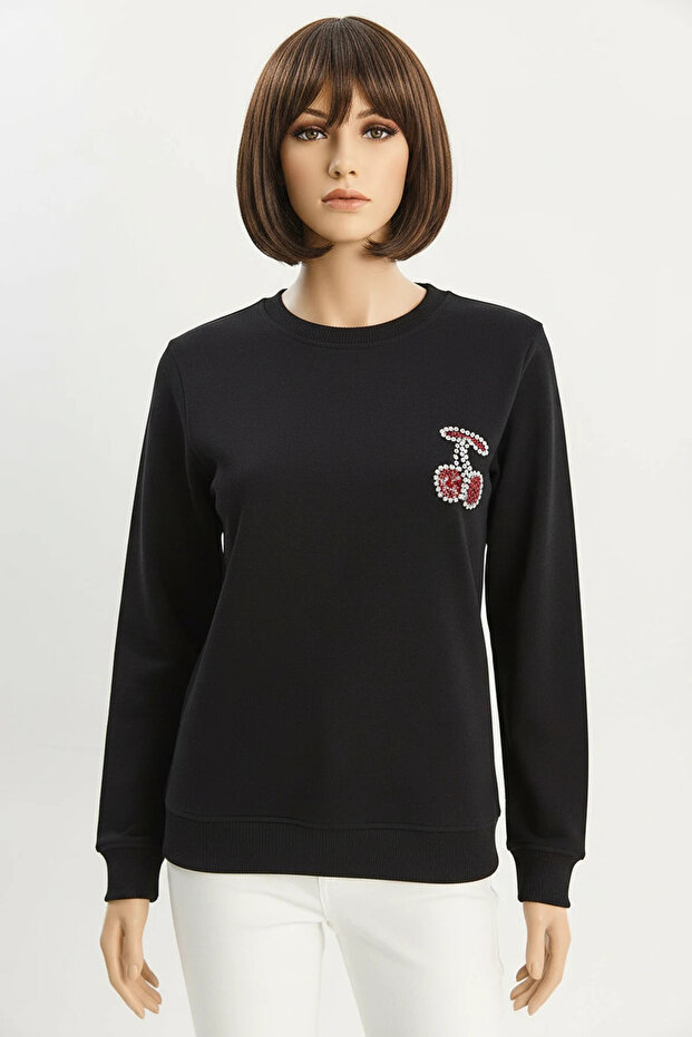 Women's Crew Neck Cherry Stone Embroidered Three Thread Ribbed Black Sweatshirt